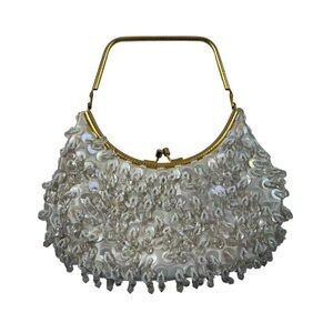 Vintage 70's Handmade White Beaded Fringe Silky Mini Handbag Purse Clasp Close